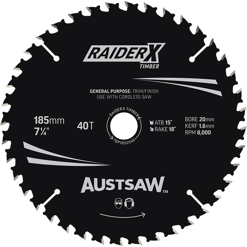 Austsaw RaiderX Timber Blade 185mm x 20/16 Bore x 40 T Thin Kerf