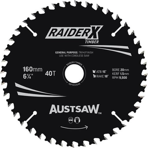 [13TB16040] Austsaw RaiderX Timber Blade 160mm x 20/16 Bore x 40 T Thin Kerf